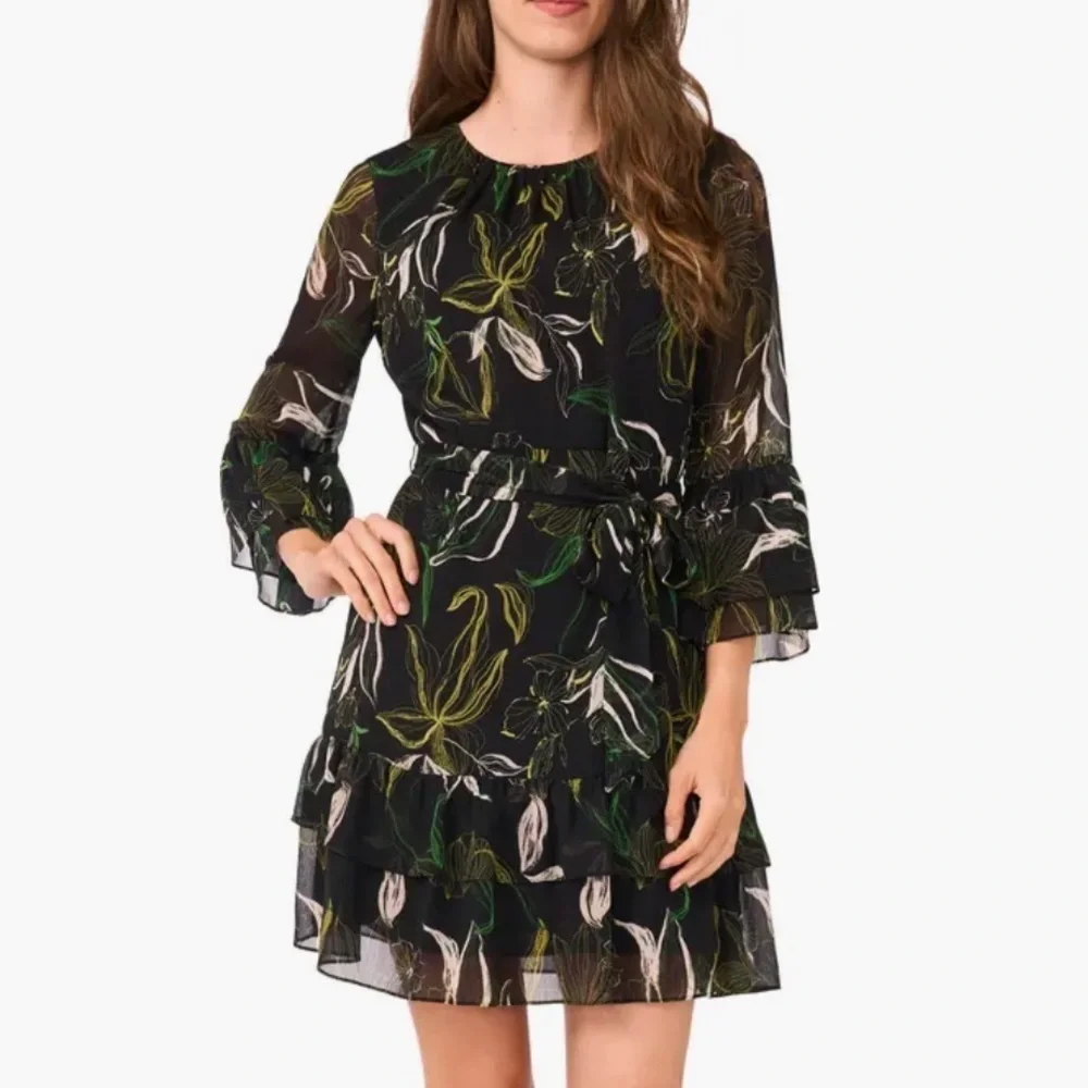 Halogen Black Floral Ruffle Minidress Rich Black NWT XL